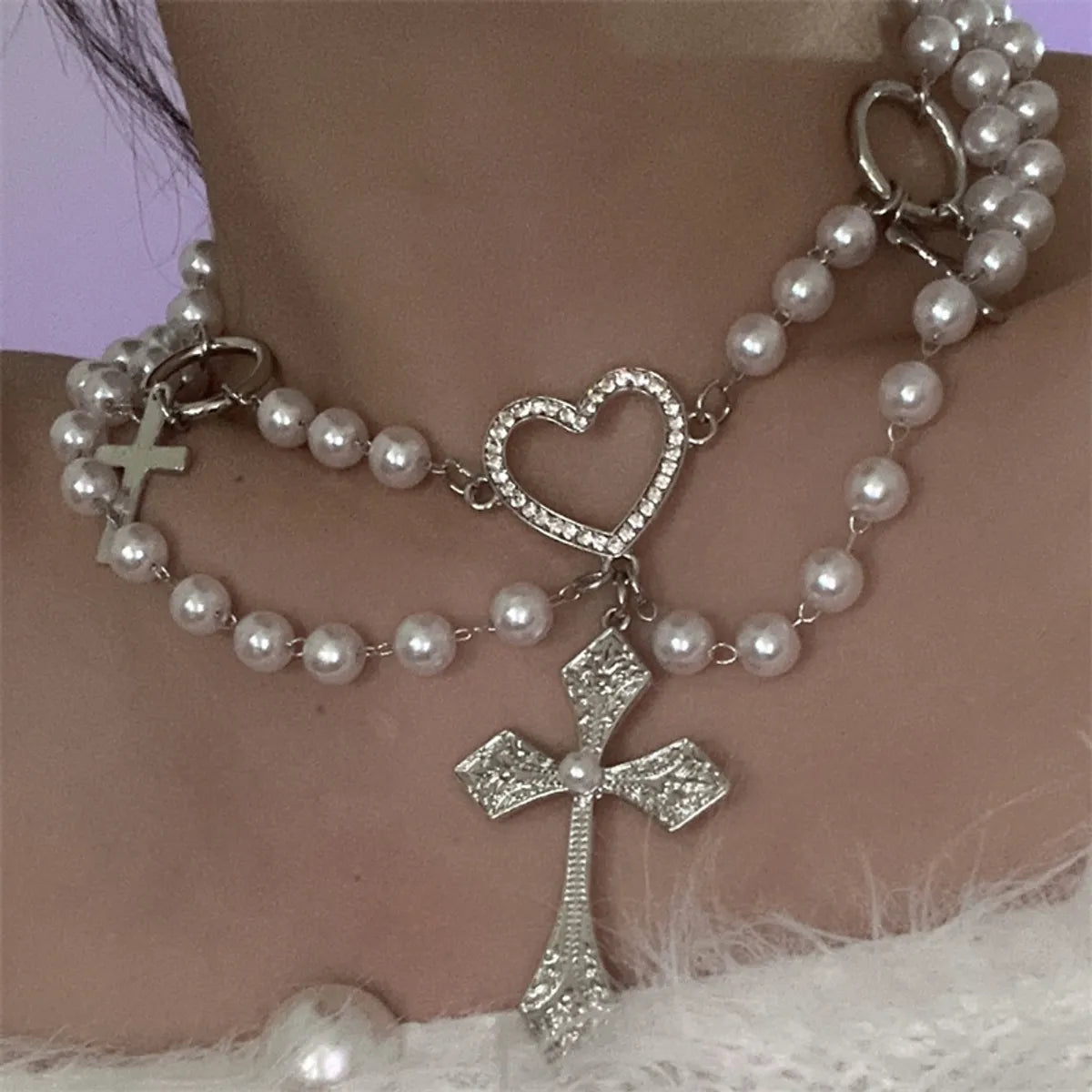 Women’s long chain necklaces-Vintage Style Cross Silver Plated Rhinestones Alloy Wholesale Layered Necklaces