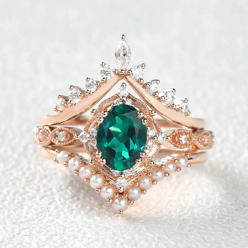 Women’s custom gold rings-1.5ct Emerald Signature Vintage Extravaganza Ring Set 3pcs