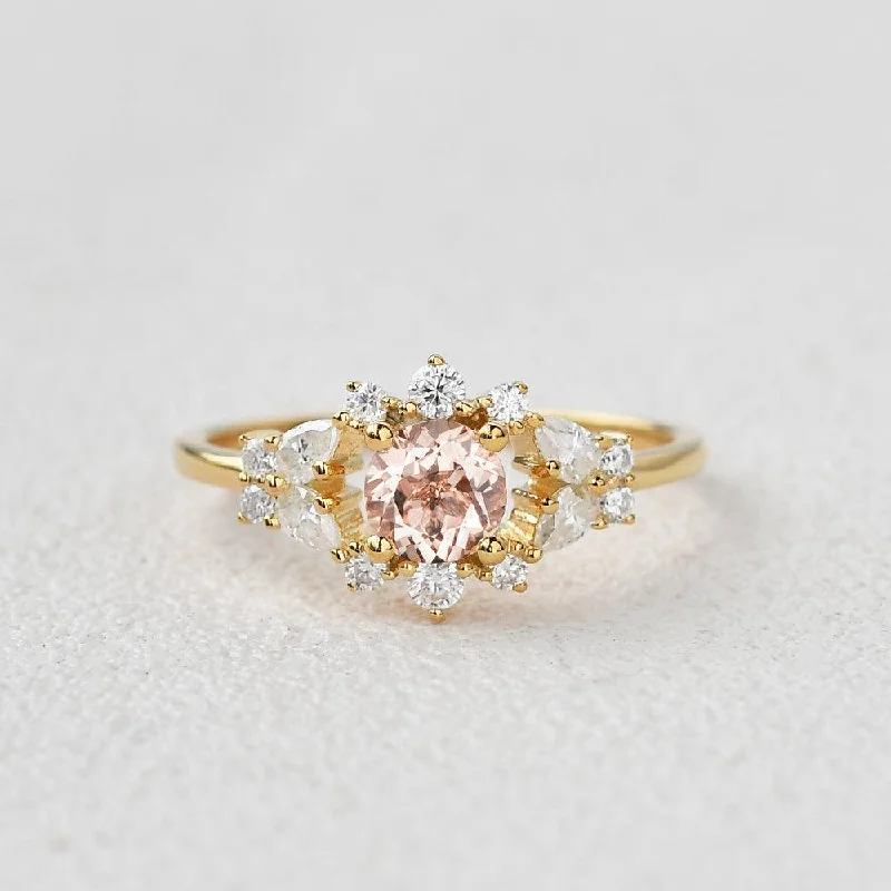 Women’s chunky rings-Round Cut Morganite Vintage Inspied Yellow Gold Ring