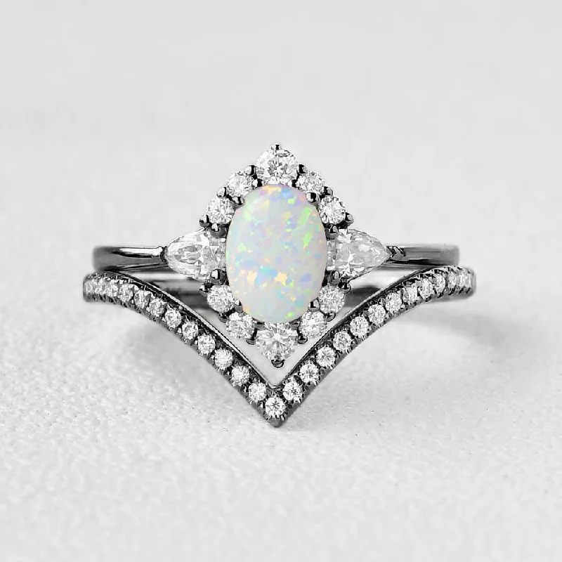 Women’s twist band rings-Black Gold Oval Opal Halo Ring Set 2pcs