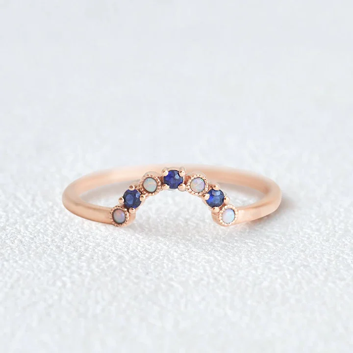 Women’s chic rings-Blue Sapphire & Opal Curved Gold Ring