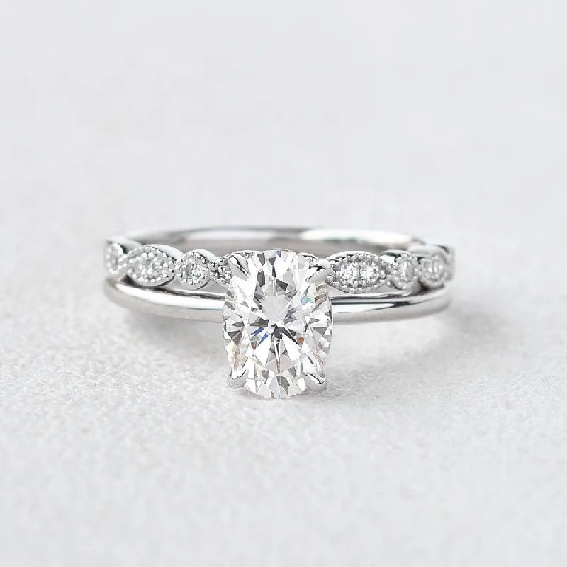 Women’s floral rings-1.5ct Oval Moissanite Vintage Solitaire Ring Set 2pcs