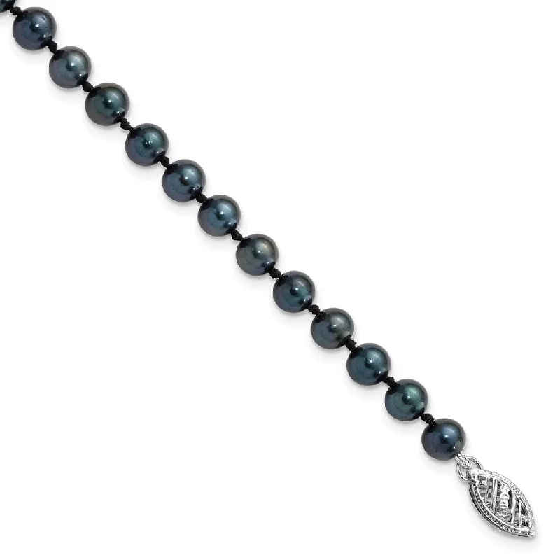 Women’s flower bracelets-14k White Gold 5-6mm Round Black Saltwater Akoya Cultured Pearl Bracelet-WBC-PLB50-7