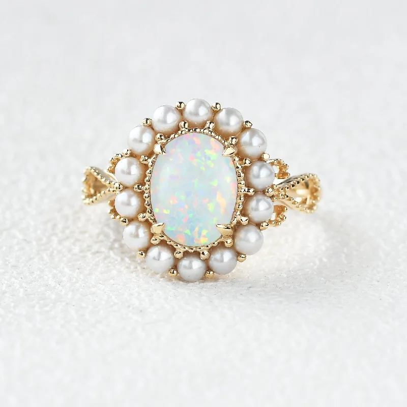 Women’s vintage diamond rings-Oval Cut Lab Opal & Pearls Halo Rose Gold Ring