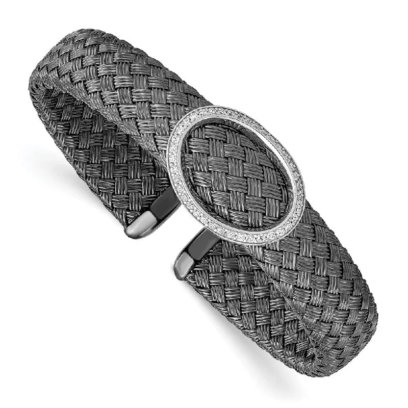 Women’s leather bracelets-925 Sterling Silver Cubic Zirconia Black Woven Flexible Cuff Bracelet, 6.5"