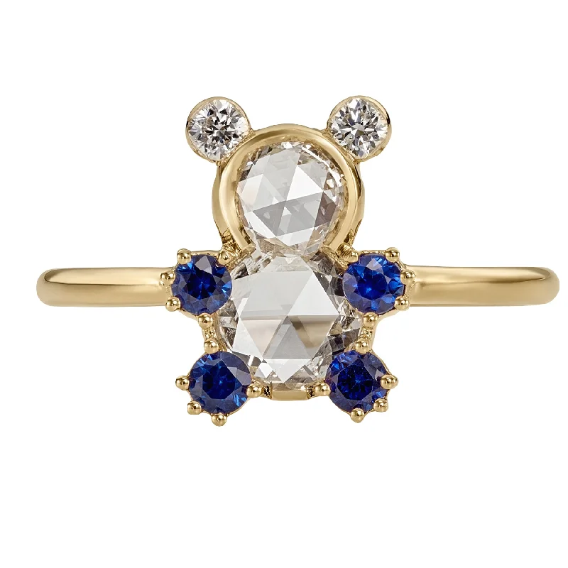 Women’s romantic diamond rings-Teddy Bear Rose Cut Diamond & Blue Sapphire Ring