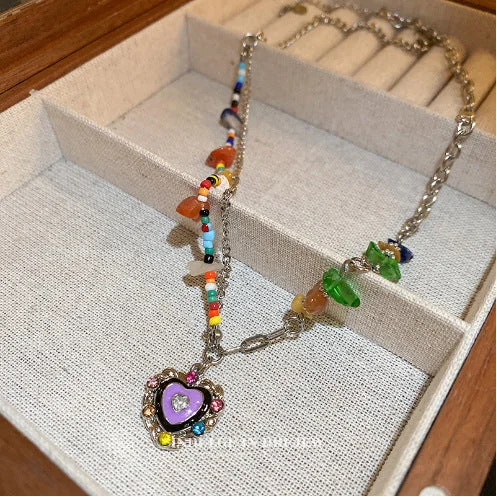 Colorful Natural Stone Heart Necklace