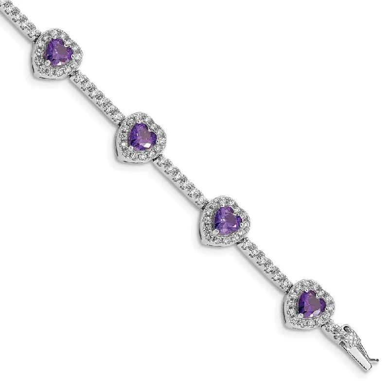 Women’s modern bangle bracelets-925 Sterling Silver Rhodium-plated Amethyst and Clear Cubic Zirconia Heart Bracelet, 7"