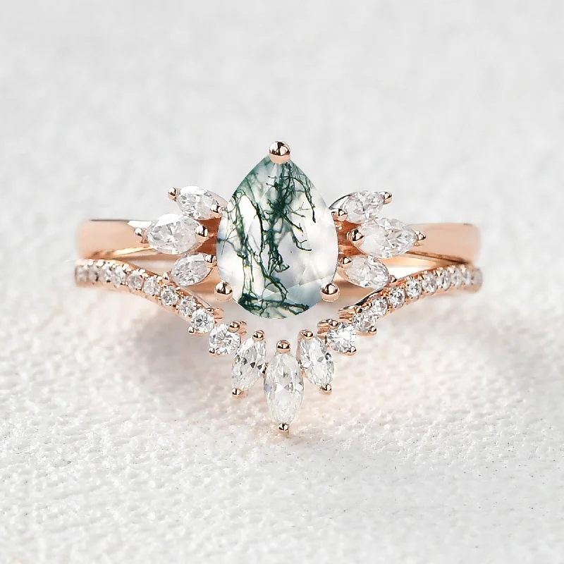 Women’s statement cocktail rings-Fairy Ring - 1.5ct Pear Shaped Moss Agate Butterfly Cluster Ring Set 2pcs