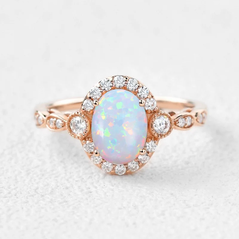 Women’s halo rings-1.5ct Oval Cut Opal Vintage Halo Ring