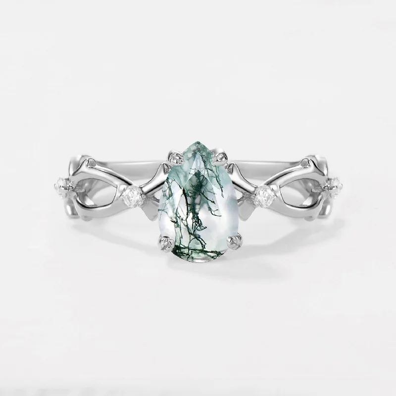 Women’s gold rings-1.5ct Pear Moss Agate Infinity Leaf Four-prong Ring