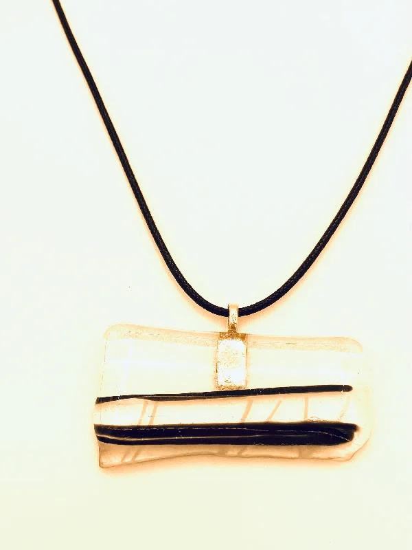 Women’s large gemstone necklaces-Necklace with Fused Glass Pendant, Clear with Black Stripes