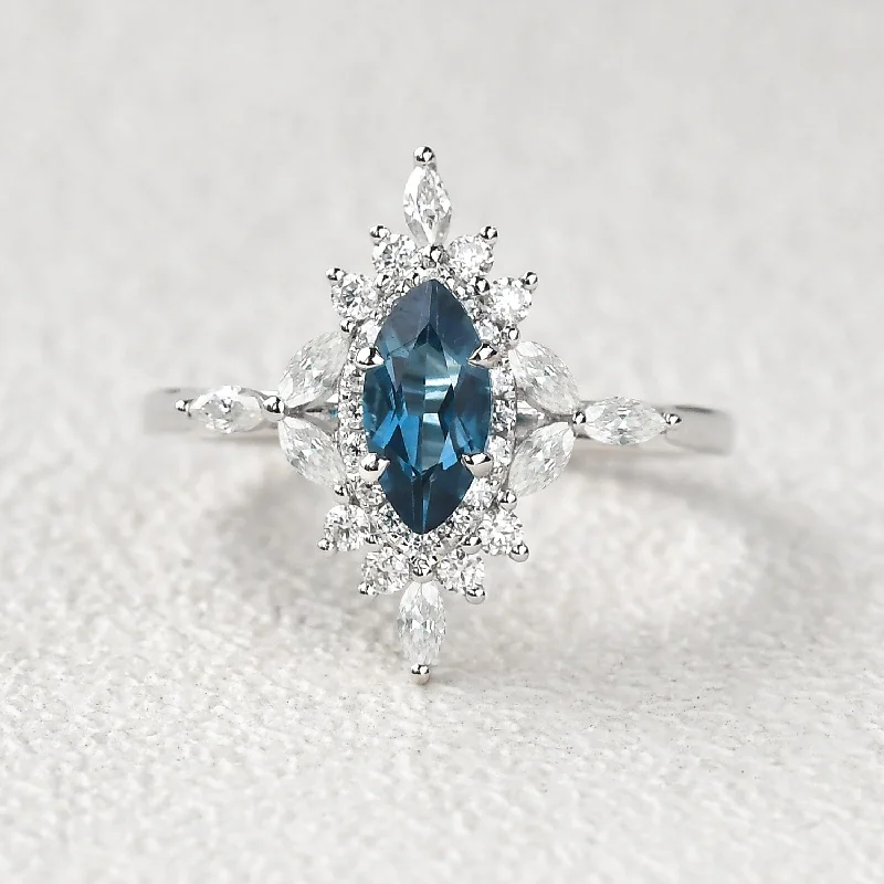 Women’s geometric rings-1.0ct Marquise Cut London Blue Topaz Cluster Vintage Ring