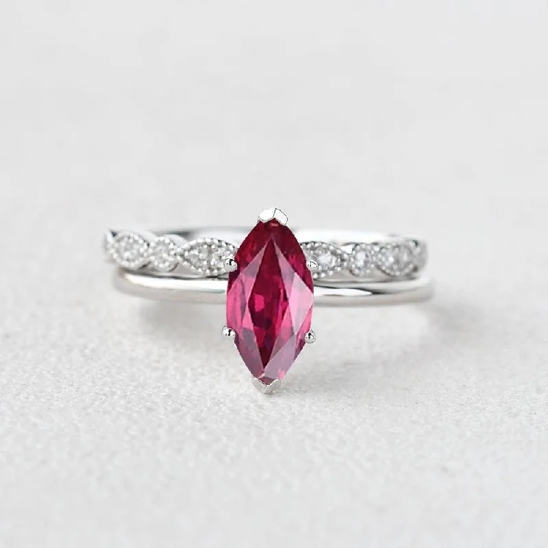 Women’s large gemstone rings-1.0ct Marquise Ruby Vintage Solitaire Ring Set 2pcs