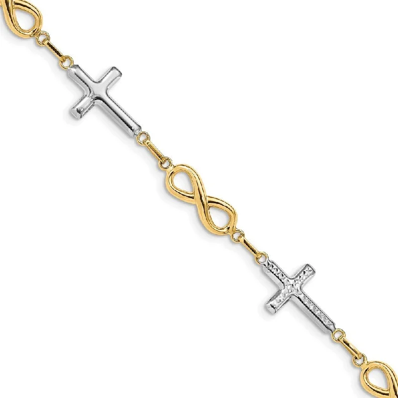 Women’s flower bracelets-14k Yellow Gold w/Rhodium 11mm Cross Infinity Symbol Link Bracelet, 7.25"