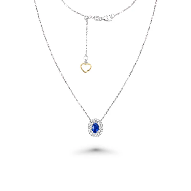 Women’s sapphire necklaces-Oval Blue Sapphire With Diamond Double Halo Necklace (0.73 ct.) in 18K Gold