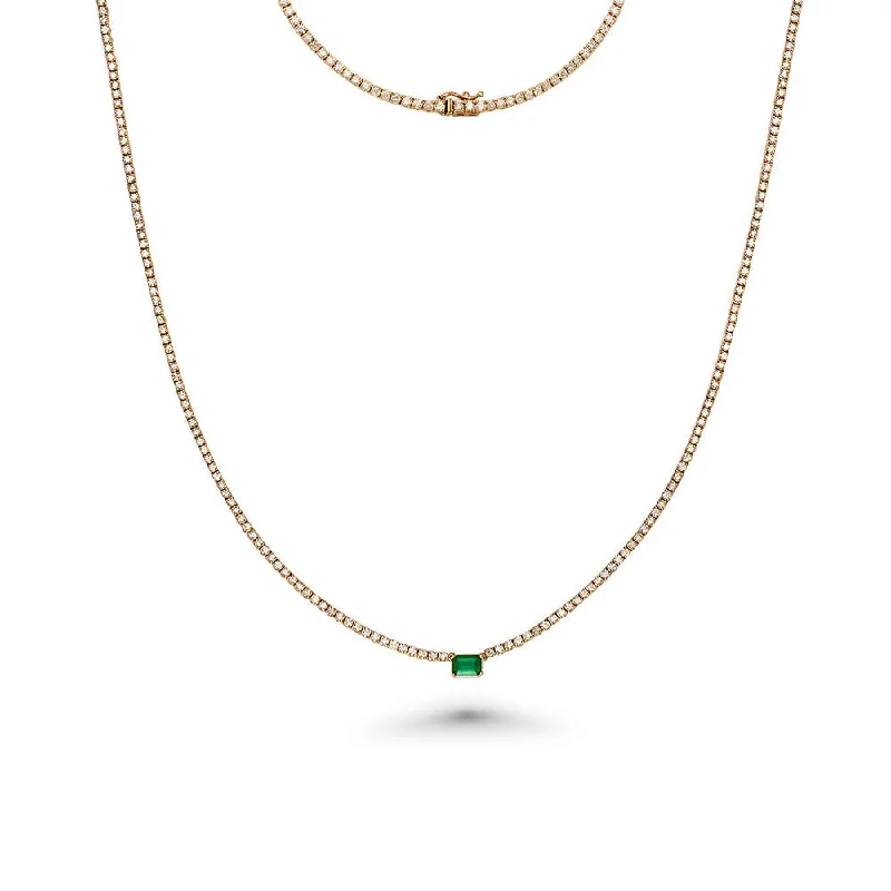 Women’s modern necklaces-Diamond Tennis Necklace with Emerald Cut Emerald 7.20x5mm (5.50 ct.) 2 mm 4-Prongs Setting  in 14K Gold