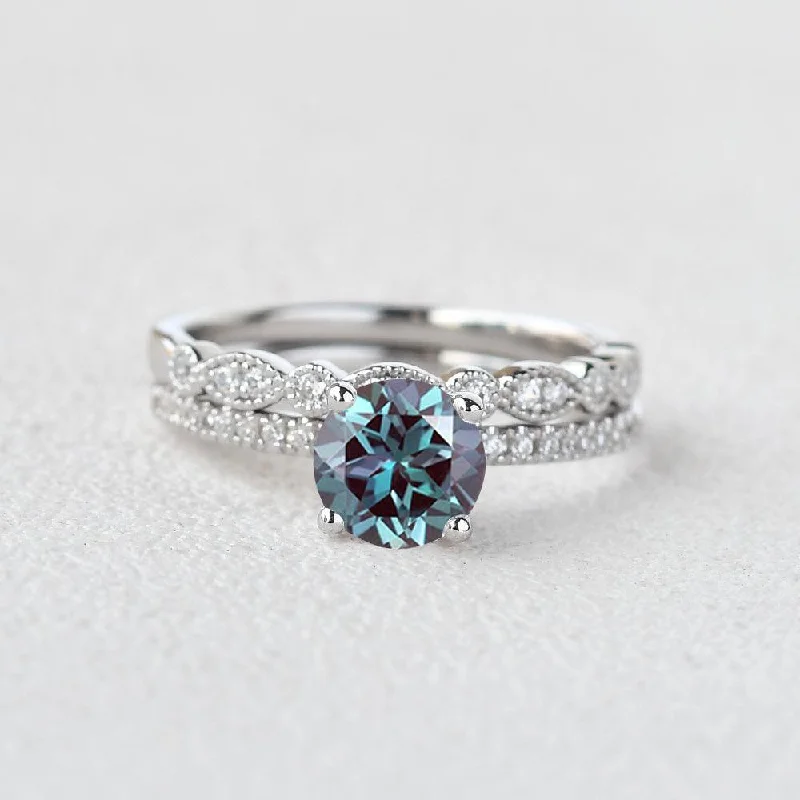 Women’s radiant cut rings-1.0ct Round Alexandrite Pave Vintage Solitaire Ring Set 2pcs