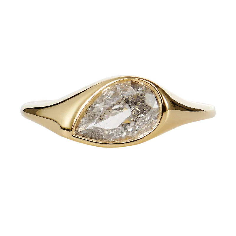 Women’s fashion statement rings-Elation OOAK Salt & Pepper Pear Cut Diamond Signet Ring