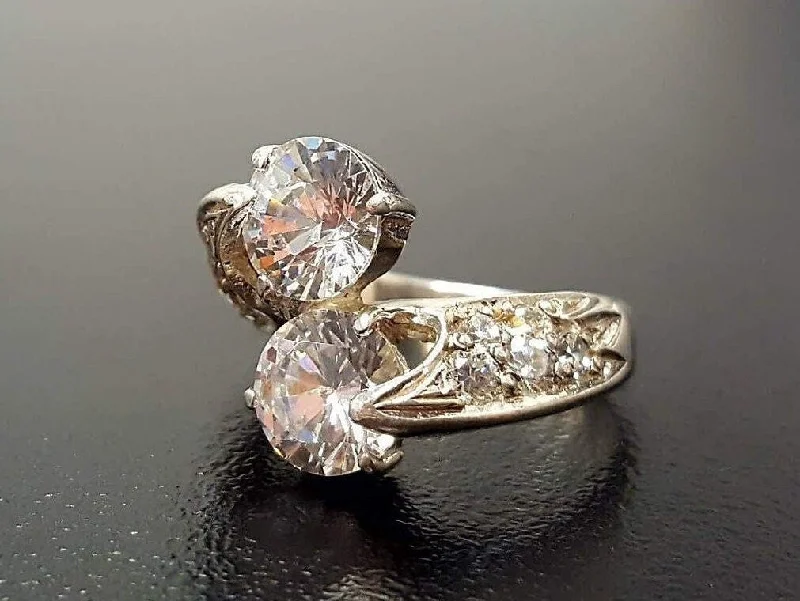 Women’s unique halo engagement rings-Diamond Bypass Ring - Two Stone Diamond Ring - Round Vintage Ring