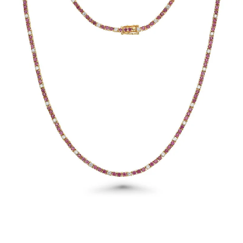 Women’s infinity pendant necklaces-Alternate Ruby & Diamond Tennis Necklace (8.50 ct.) 4-Prongs Setting in 14K Gold