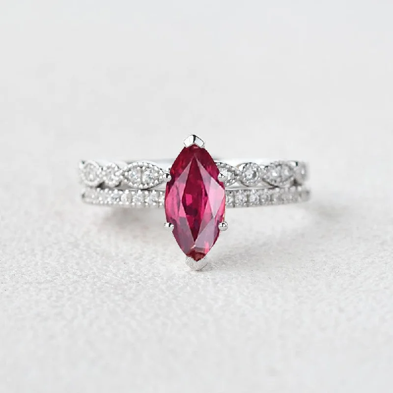 Women’s chunky rings-1.5ct Marquise Ruby Pave Vintage Solitaire Ring Set 2pcs