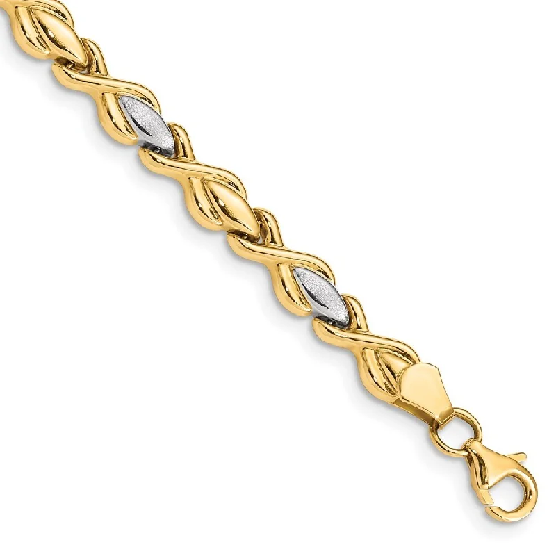 Women’s beaded bracelets-14k Yellow Gold w/Rhodium 5mm Satin Link Bracelet, 7.25"