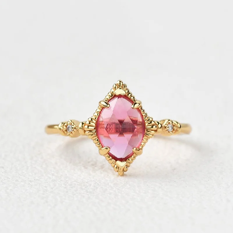 Women’s handmade rings-Marquise Lab Ruby Vintage Yellow Gold Ring