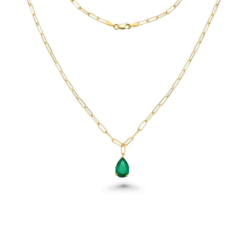 Women’s sapphire diamond necklaces-Pear Shape Genuine Emerald Pendant Necklace With Paper Clip Chain in 14K Gold