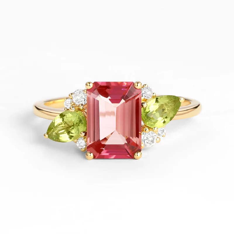 Women’s double-band rings-3.0ct Emerald Cut Pink Tourmaline Floral Inspired Ring