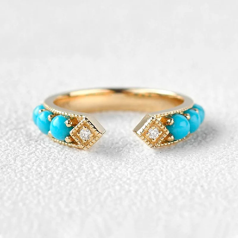 Women’s fancy gemstone rings-Bohemian Turquoise & Diamond Vintage Ring