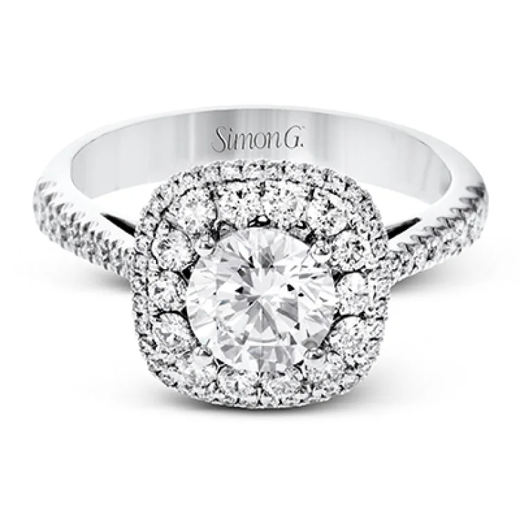 Women’s fine diamond engagement rings-This 18k white gold engagement ring setting has a stunning double halo design set with .61 ctw of shining white round brilliant diamonds.