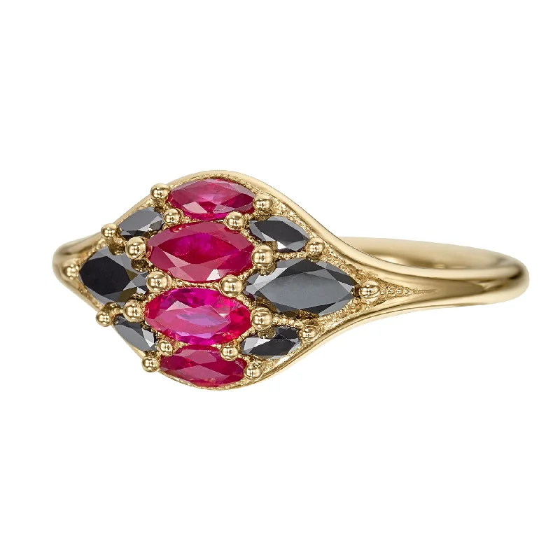 Women’s floral rings-Dome Marquise Ruby & Black Diamond Ring