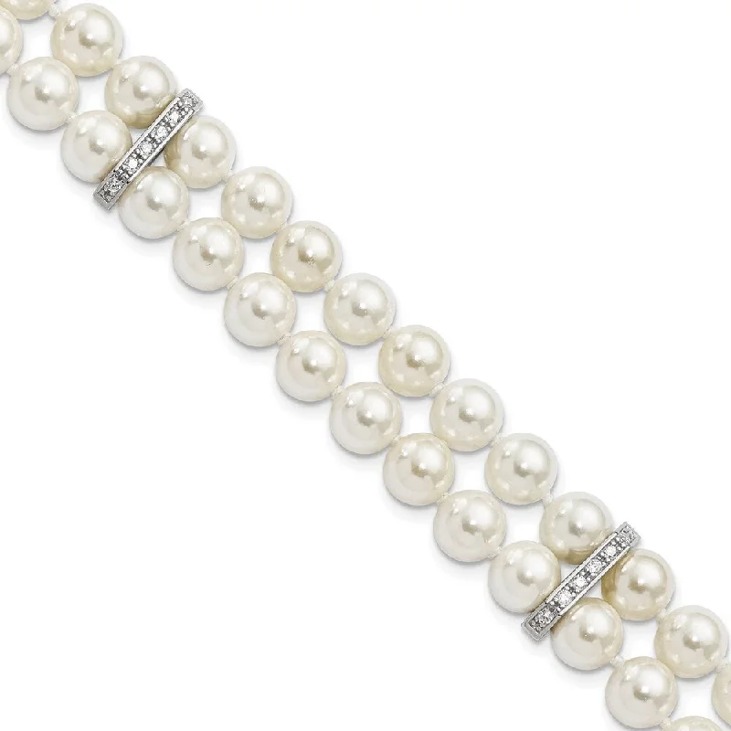 Women’s gemstone stretch bracelets-925 Sterling Silver Majestik Rhodium-plated 7-8mm Wht Imitat Shell Pearl & Cubic Zirconia Bracelet, 7.5"