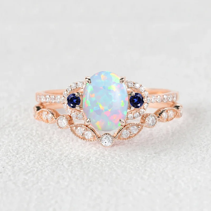 Women’s classic engagement rings-Vintage Oval Cut Lab Opal Yellow Gold Ring Sets 2Pcs