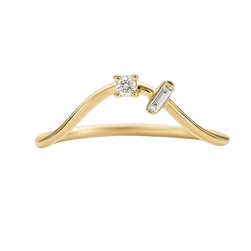 Women’s romantic rings-Curved Wedding Band Embellished with a Baguette and a Brilliant Diamond