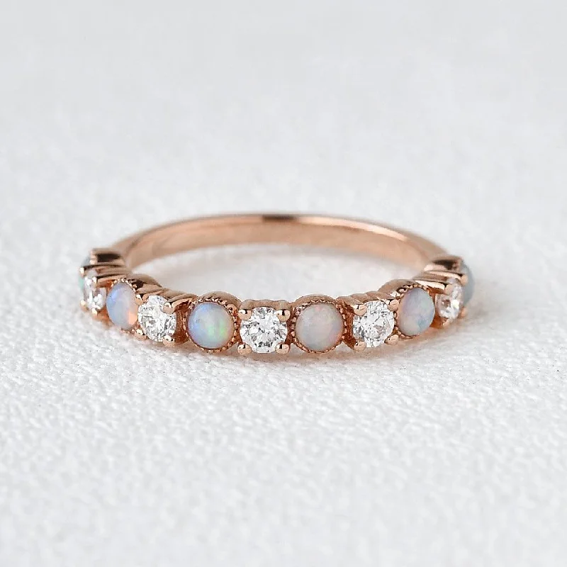 Women’s adjustable rings-Natural Opal & Moissanite Band Rose Gold Ring