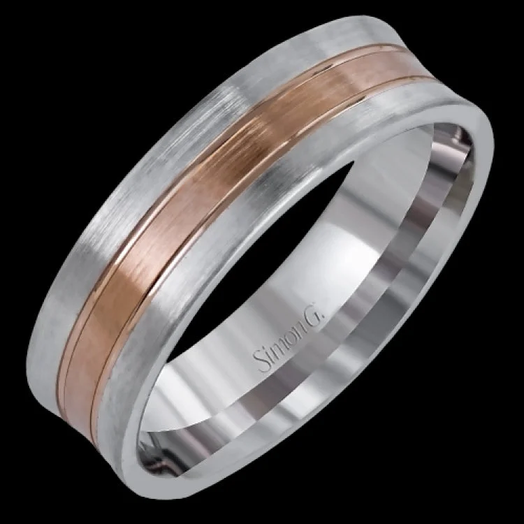 Women’s emerald cut engagement rings-Presenting a completely modern design, this two-tone men's wedding band features a brushed rose gold insert surrounded by two white gold silhouettes.