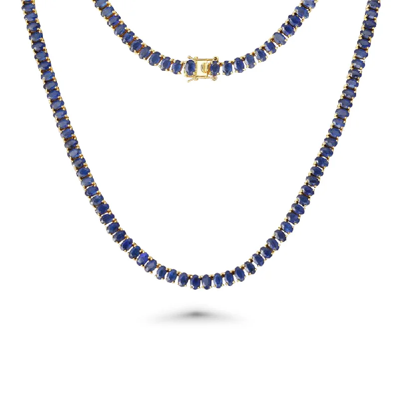 Women’s luxury wedding necklaces-Oval Shape Sapphire Tennis Necklace (41.24 ct.) 4-Prongs Setting in 14K Gold