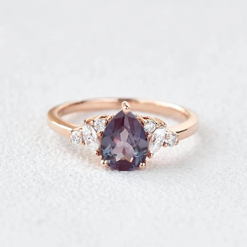 Women’s multi-stone rings-Pear Shaped Lab Alexandrite Rose Gold Ring