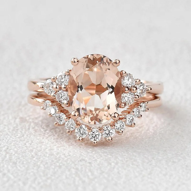 Women’s birthstone diamond rings-4.75ct Morganite Oval Classic Rose Gold Ring Set 2PCS