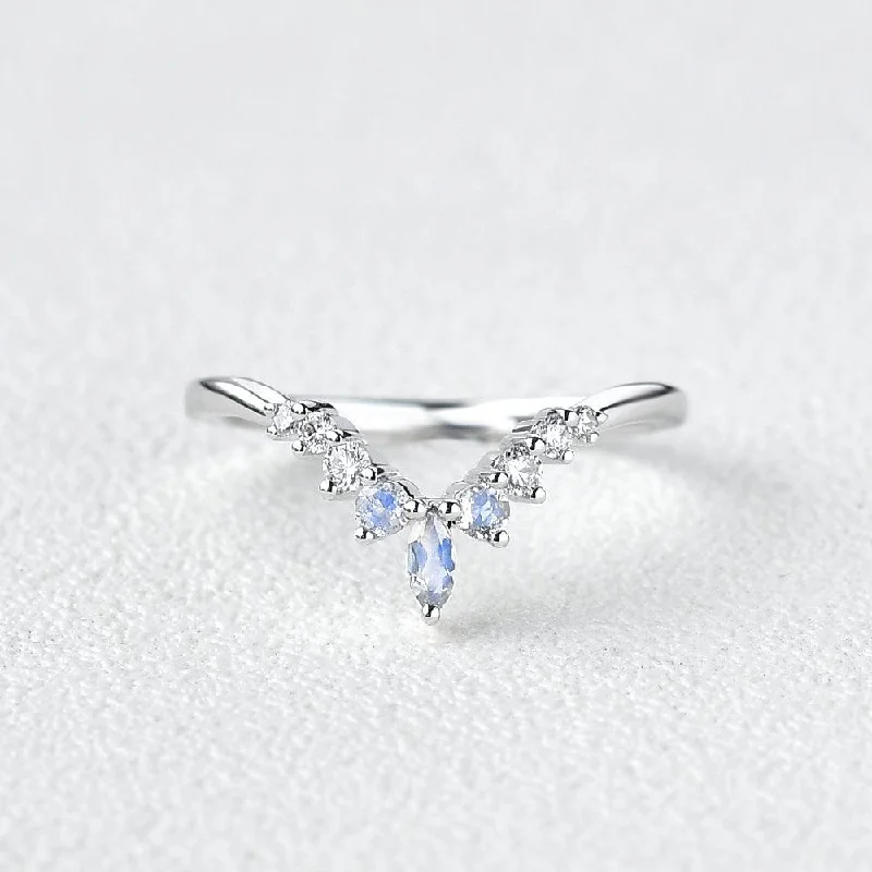 Women’s silver rings-Moonstone & Moissanite Band V Shaped Ring