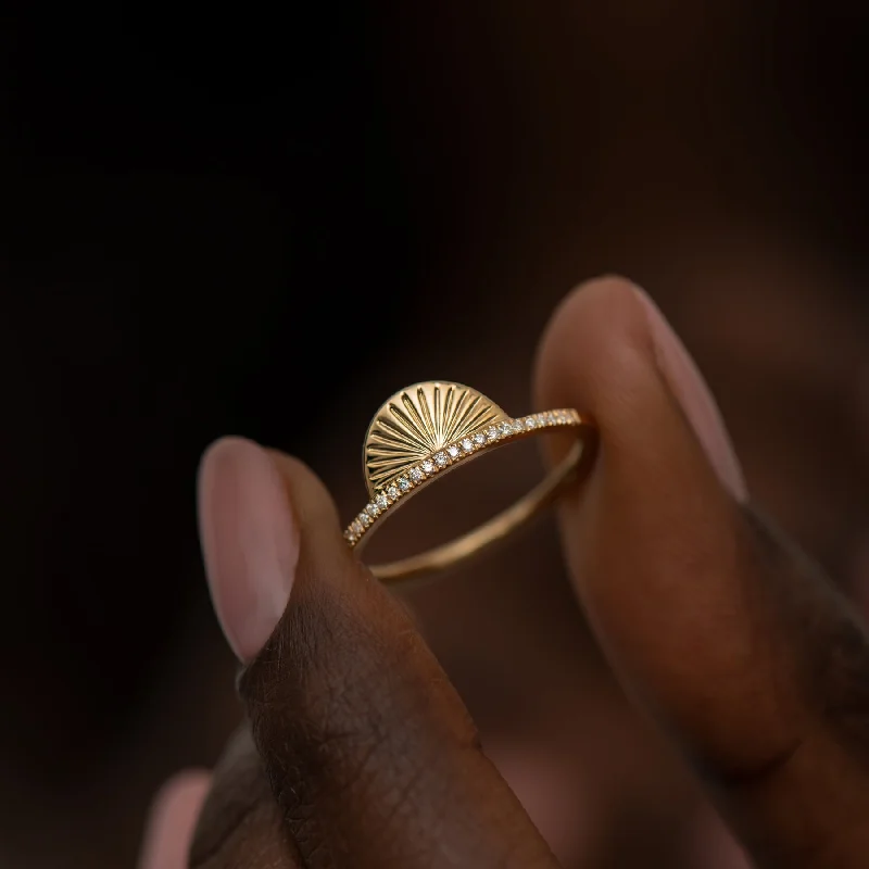 Women’s stacking rings-Golden Sundial Wedding Band with a Brilliant Diamond Pave