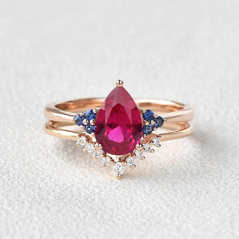 Women’s sapphire rings-Pear Shaped Lab Ruby Rose Gold Ring Set 2pcs