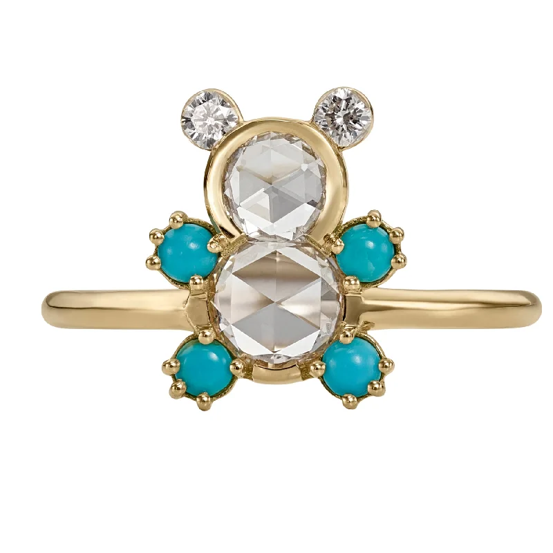 Women’s twist band rings-Teddy Bear Rose Cut Diamond & Turquoise Ring