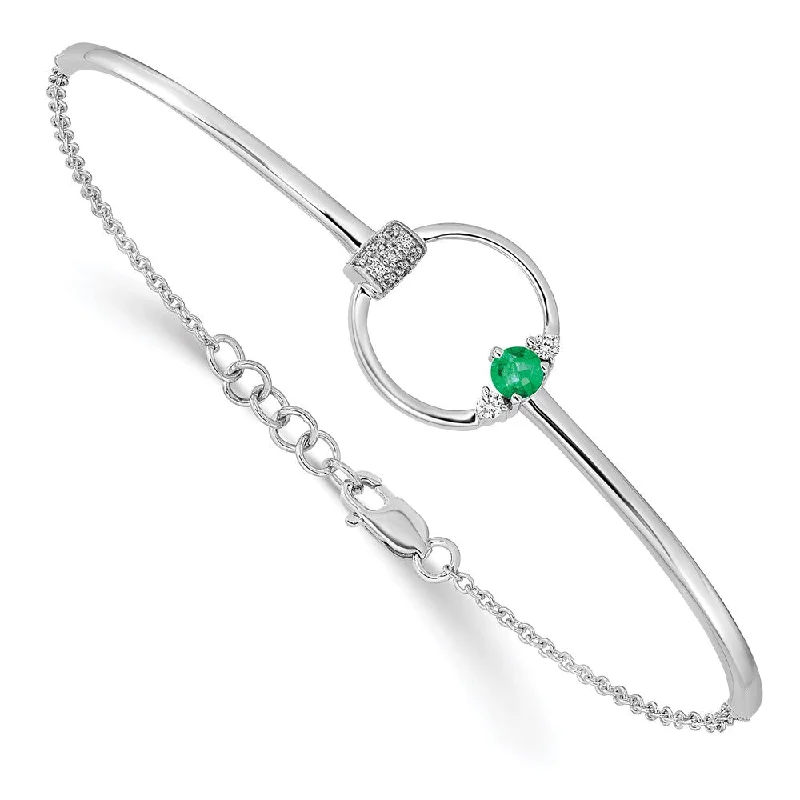 Women’s luxury bangle bracelets-14k White Gold Diamond and Emerald Circle 7in w/.5in ext Bracelet-WBC-BM6886-EM-009-WA