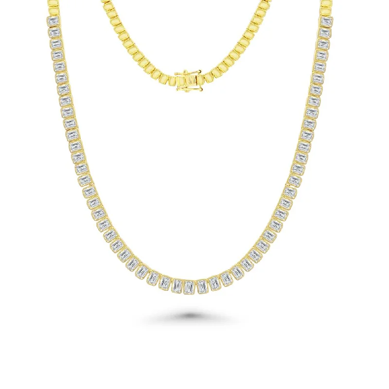 Women’s diamond-encrusted necklaces-HalfWay Emerald Cut Diamond Tennis Necklace (7.50 ct) Bezel Set in 18K Gold