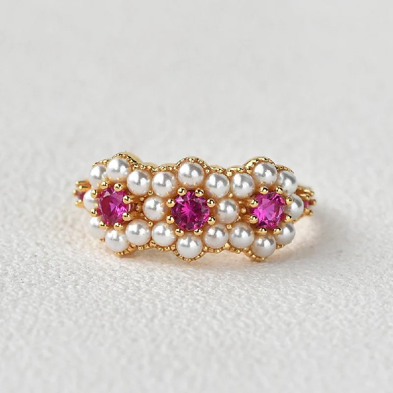 Women’s multi-stone rings-Lab Ruby & Pearl Vintage Yellow Ring