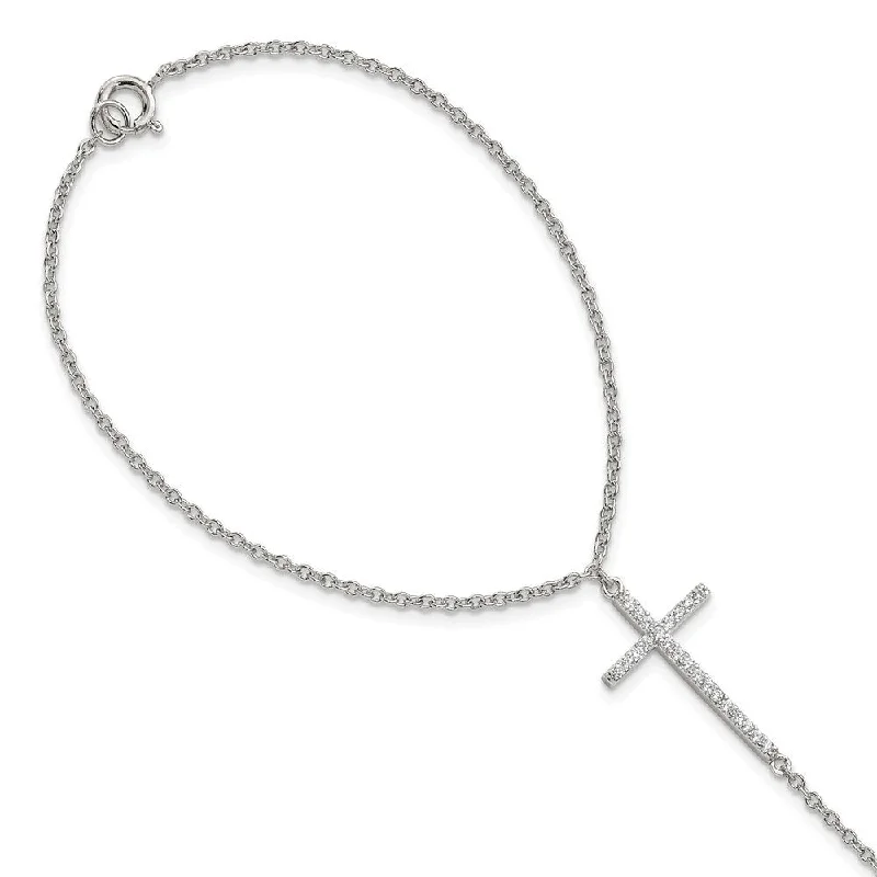 Women’s stackable bracelets-925 Sterling Silver Cubic Zirconia Cross Attached Ring/Bracelet, 7"