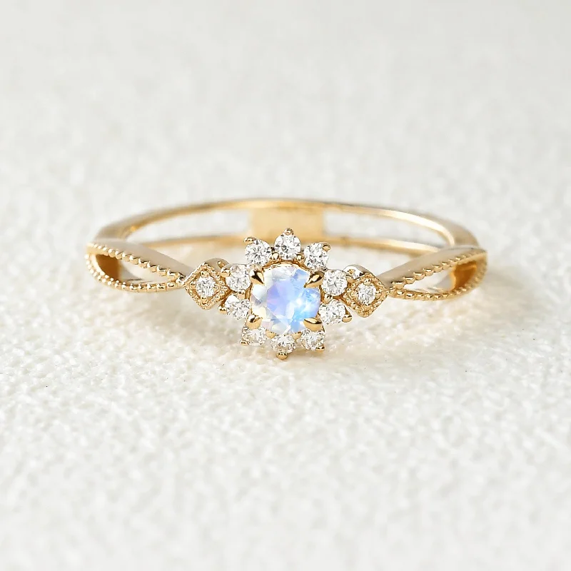 Women’s large gemstone cocktail rings-Moonstone & Moissanite Yellow Gold Ring